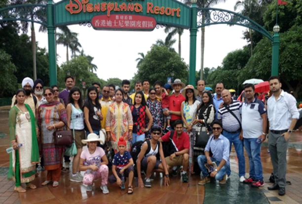Group photo at Hong Kong Disneyland entrance