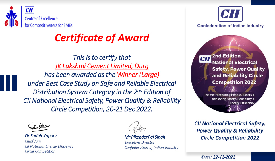 JKLC Durg as Winner in 2nd Edition of National Electrical Safety, Power Quality and Reliabilty Circle Competition, 2022 Conducted by Cii